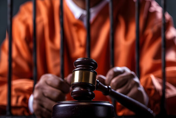 inmate behind bars with legal gavel in foreground