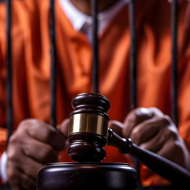inmate behind bars with legal gavel in foreground