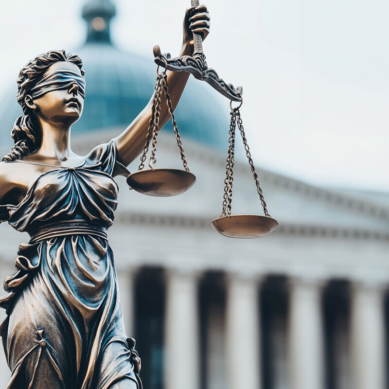 justice is blind photo with scales in front of courthouse
