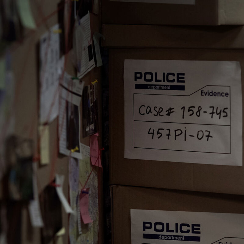 police evidence boxes next to a murder board